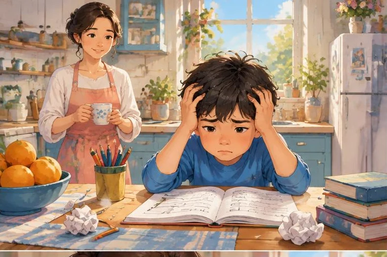 Minh họa: con gặp khó khăn với bài tập, mẹ ở bên