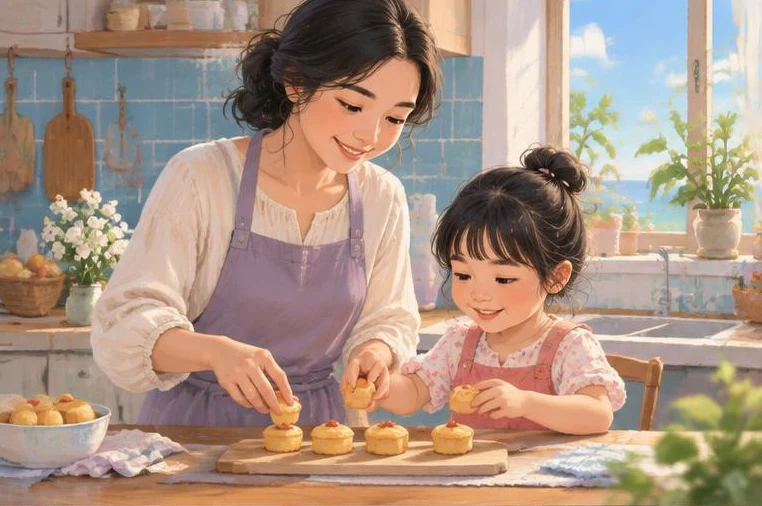 Minh họa: mẹ và con chuẩn bị bánh