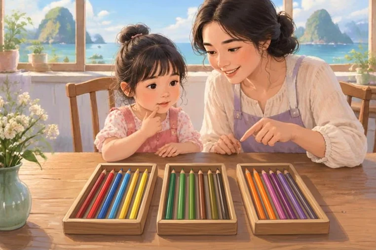Minh họa: 18 bút chì xếp đều vào 3 hộp, mỗi hộp 6 bút, mẹ và con cùng quan sát