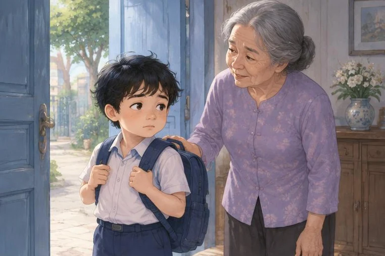 Minh họa: con ngập ngừng ở cửa, bà bên cạnh
