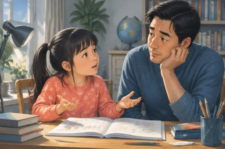 Minh họa: con giải thích bài với bố